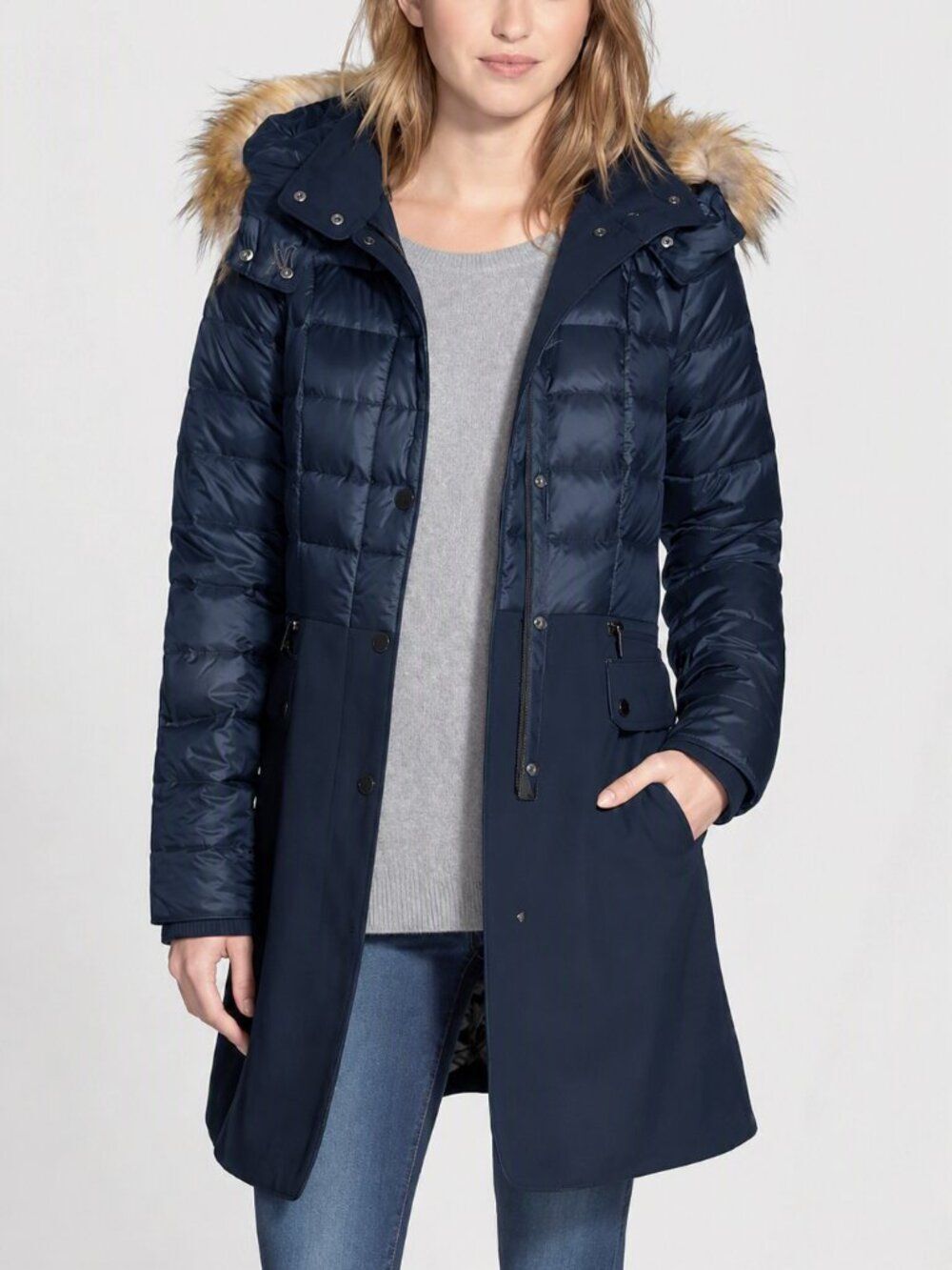 1 Madison Expedition Women M Navy Puffer Coat Wool Blend Faux Fur Parka Preppy